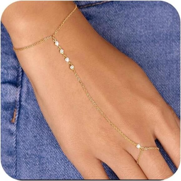 Women Gold Hand Chain Ring Bracelet14K Gold Plated Finger Ring Bracelet - Picture 1 of 7
